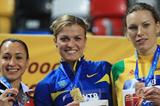 (L-R) Silver medalist Jessica Ennis of Great Britain, gold medalist Natallia Dobrynska of Ukraine and bronze medalist Austra Skujyte of Lithuania stand on the podium during the medal ceremony for the Women's Pentathlon  (Getty Images)