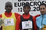 Men's podium at 2012 ING Eurocross meeting in Diekirch: runner-up Albert Rop, winner Japheth Korir and Tasama Dame (Rosch Kohl)