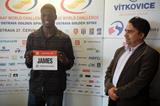 Kirani James and meeting manager Alfons Juck at the 2013 Ostrava Golden Spike press conference  (organisers)