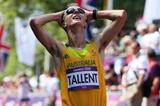 Jared Tallent of Australia celebrates after crossing the finish line and claiming silver in the Men's 50km Walk of the London 2012 Olympic Games (Getty Images)
